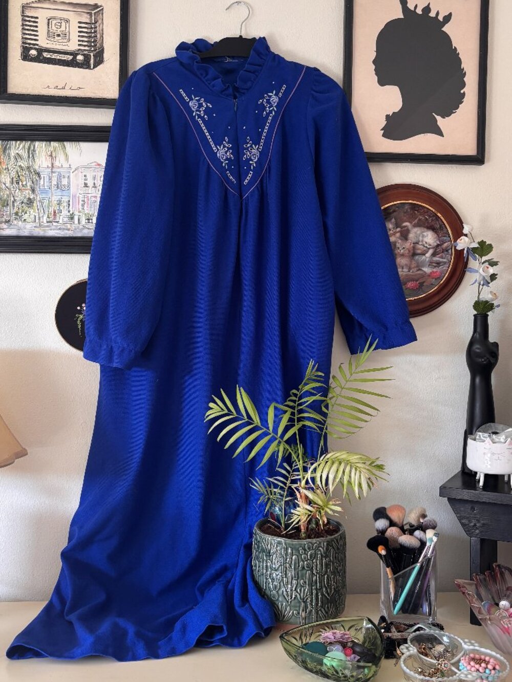 Vintage Blue Cozy Home Robe with Embroidery